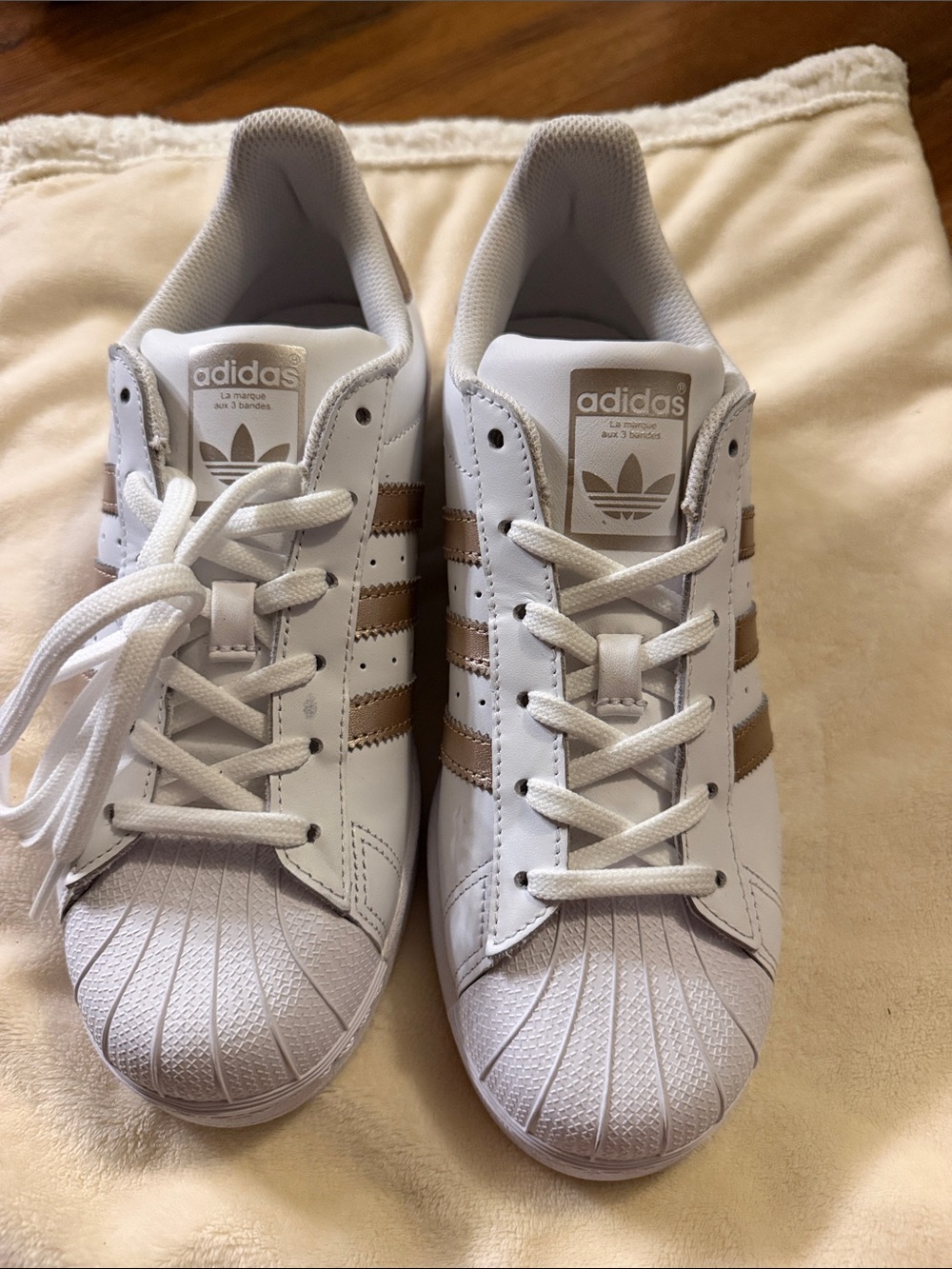 adidas Women’s Superstar with Rose Gold Stripes - Shell Toe Casual
